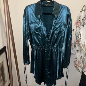 Teal Satin Button-Front Dress